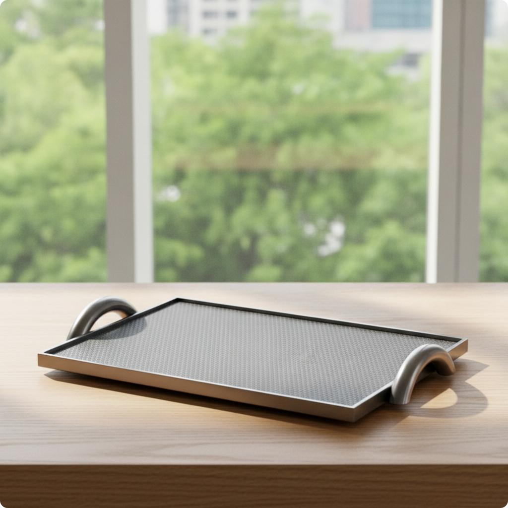 Leather Tray with Handles Low-Profile Rectangular Tray with Metal Handles Modern Luxury for Interior Designers, Coffee Table