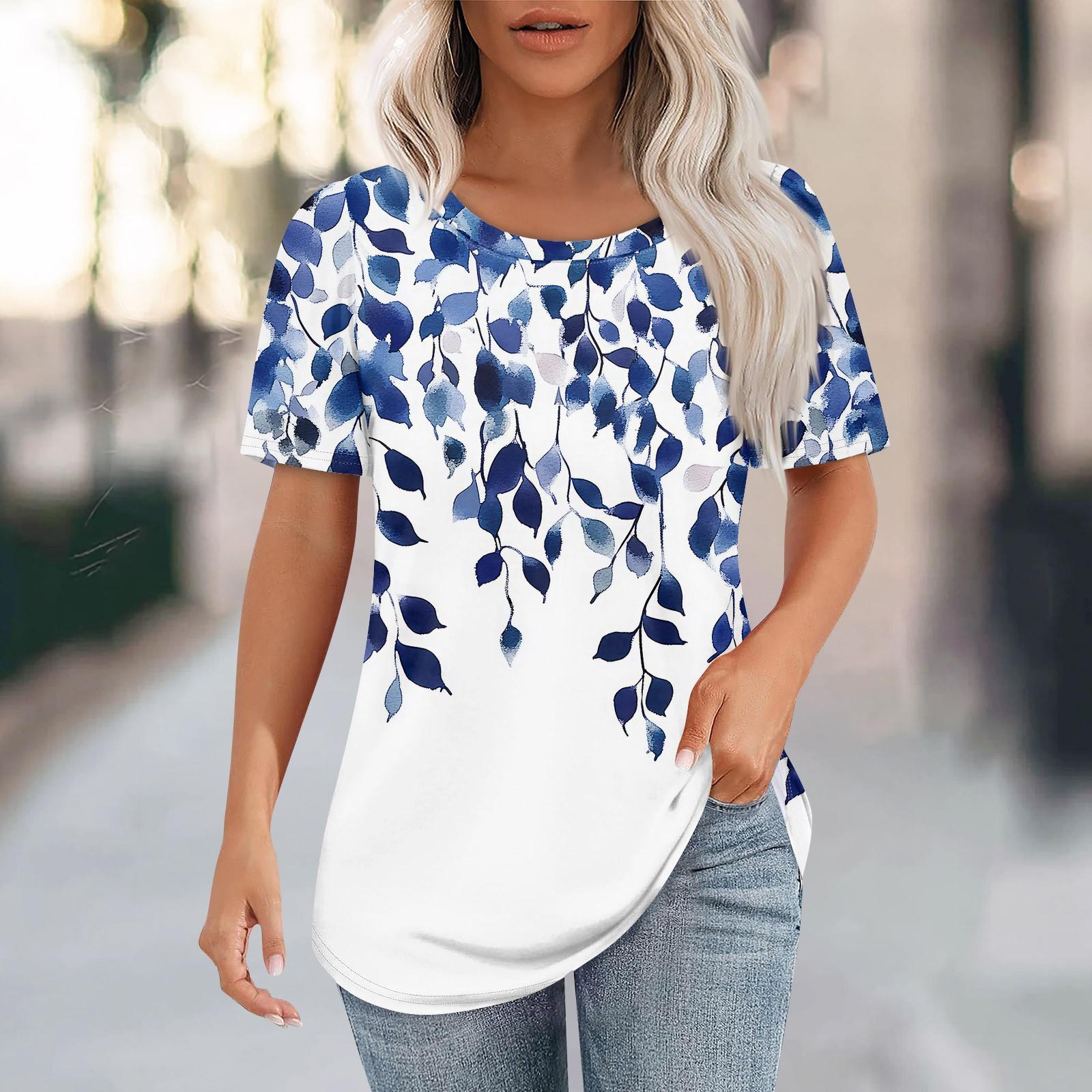 

Футболки для женщин, плиссированные, с круглым вырезом, нарядные, повседневные, блузки с принтом, с коротким рукавом, летние топы, свободный крой XL