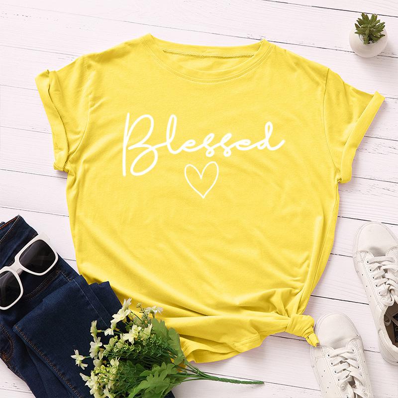 Blessed Letter Cotton T-Shirt Short Sleeve Round Neck Women 2d Print Tops