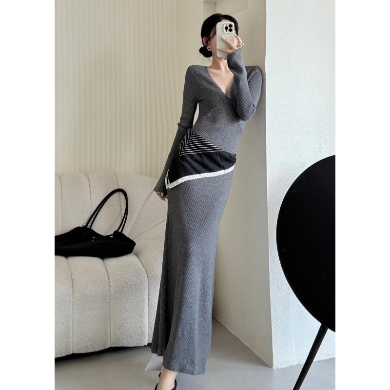 French High-End Ribbed V-Neck Knit Dress - Autumn/Winter Light Mature Slimming Bodycon Style