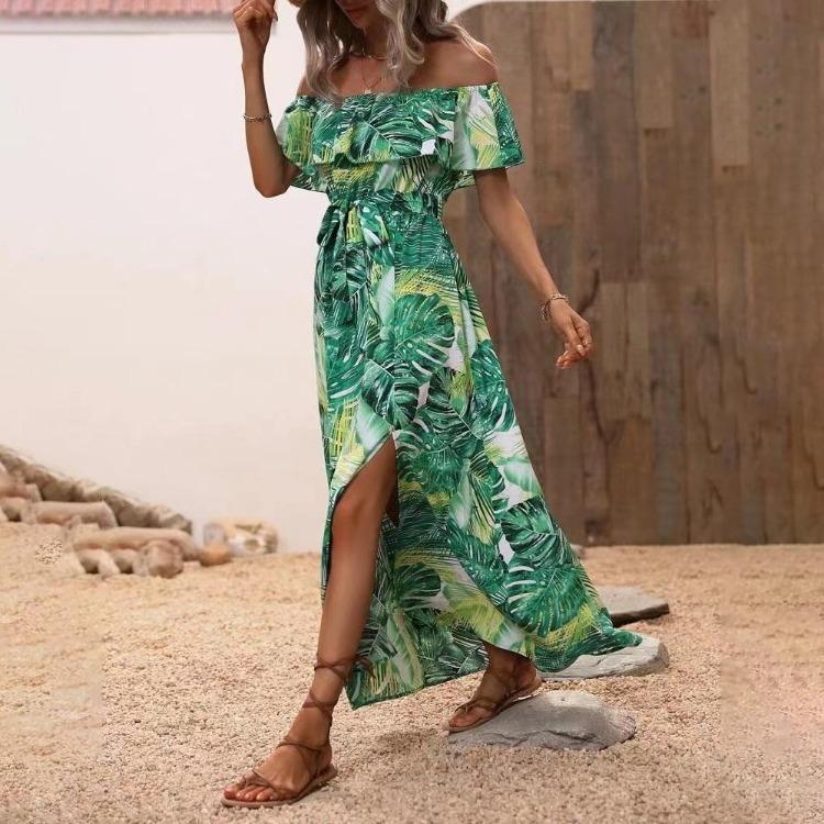 Women Summer Casual One Shoulder Sleeveless Flower Print Dress High Waist A-Line Belt Slit Ankle-Length Collar Dresses Spring