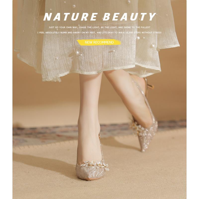 7520-1 [sheepskin] high heels women's thin heels 2025 new pointed back empty sandals temperament crystal wedding shoes