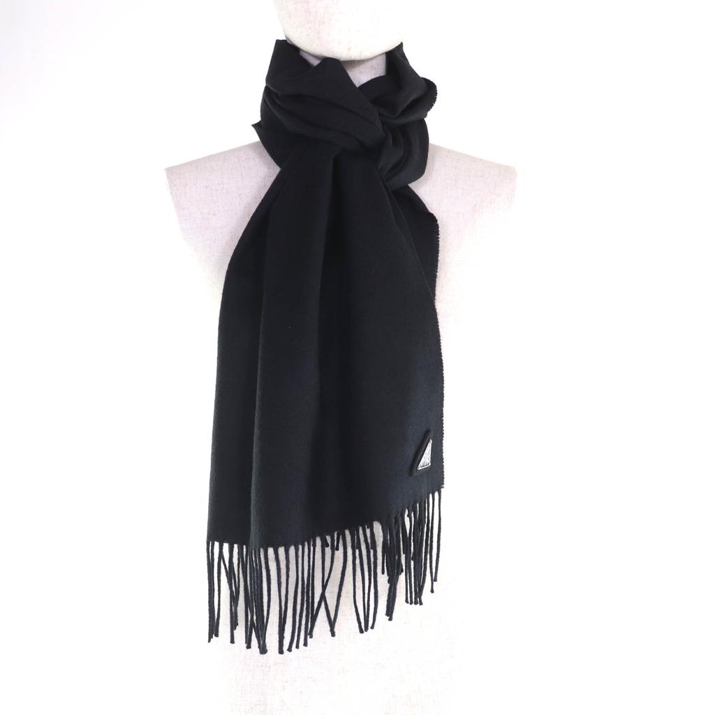 Great PRADA Scarf Triangle with Logo and Fringe Black Silk Women 1FS047 Used