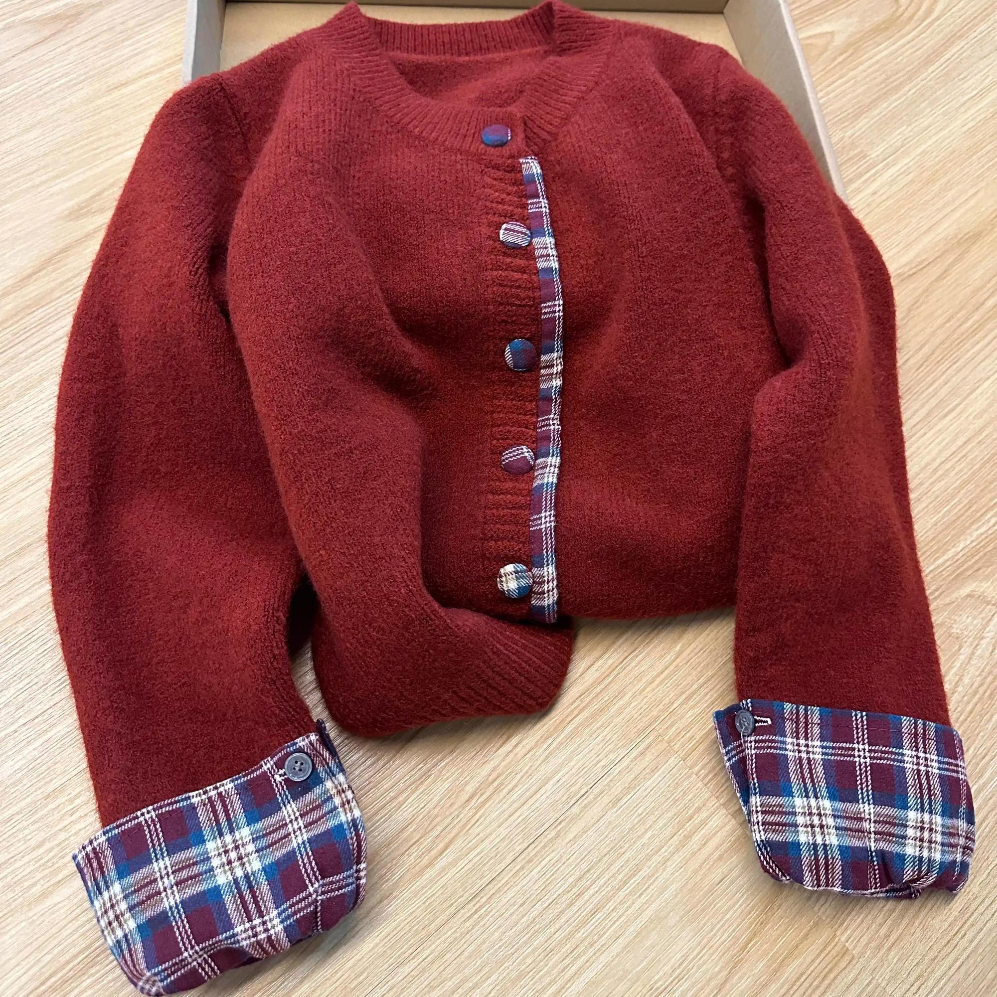 

Женский свитер в корейском стиле, имитация двойки, с круглым вырезом, пэчворк, в клетку, осенне-зимний, свободный, повседневный вязаный кардиган-топ 2XL