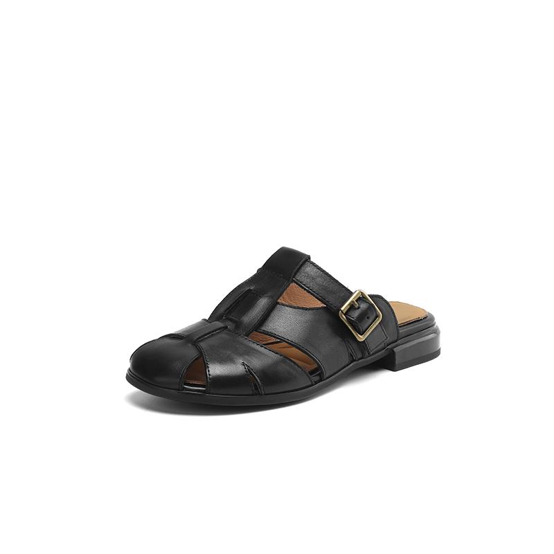 

Мода 2025 Новая Мода Сандалии Женские Туфли Сексуальные Босоножки Ретро Кожа Вечеринка Повседневные Летние Туфли-лодочки с Круглым Носком Тапочки 34-40 34 чёрный