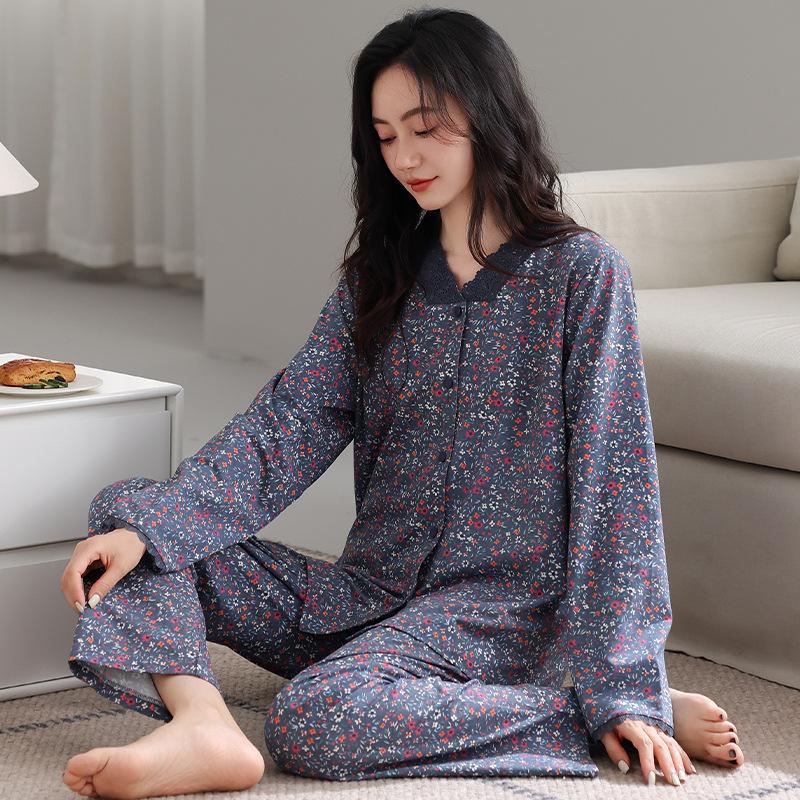 Pajamas Women's Spring and Autumn Cotton Long-sleeved 1011 New Autumn and Winter Middle-aged Mother Casual Large-size Loungewear Set