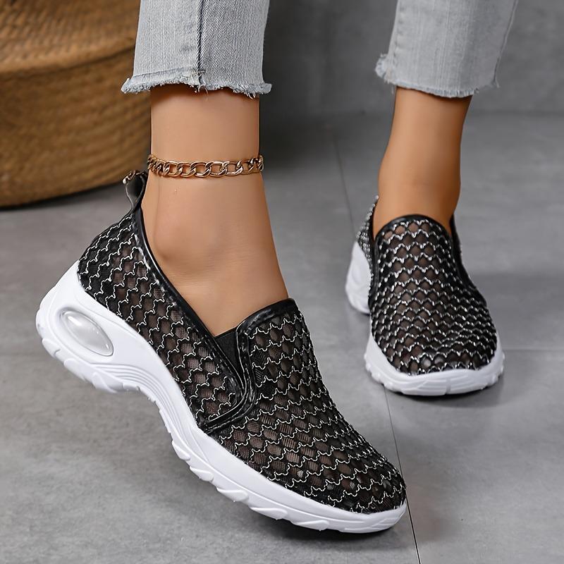 [Breathable Mesh Sneakers] Breathable Women's White Mesh Slip-On Sneakers with Glitter Accents | Mid-Top Support & Rubber Sole for Casual Sports