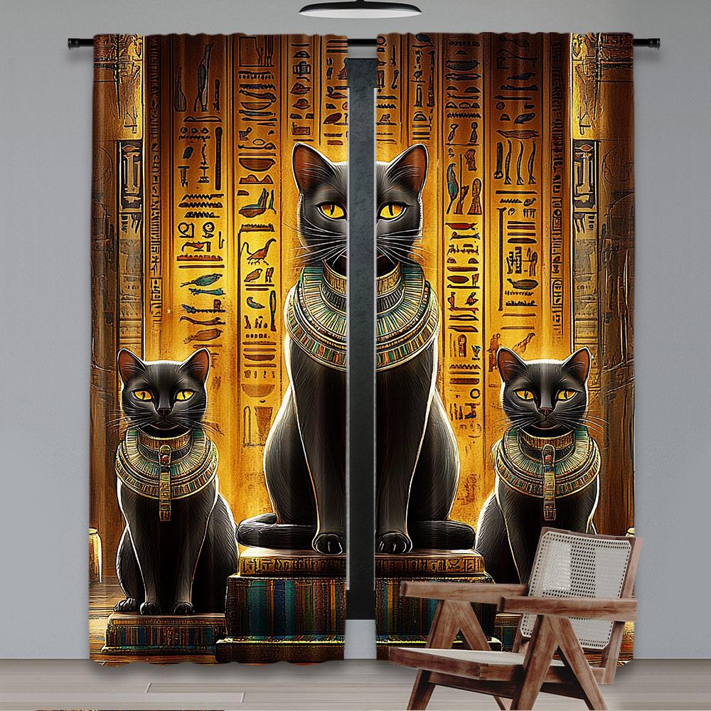 2Pcs Egyptian Mysterious Black Cats Print Curtain Room Decor Versatile Room Use Suitable For Living Room Dining Room Bedroom
