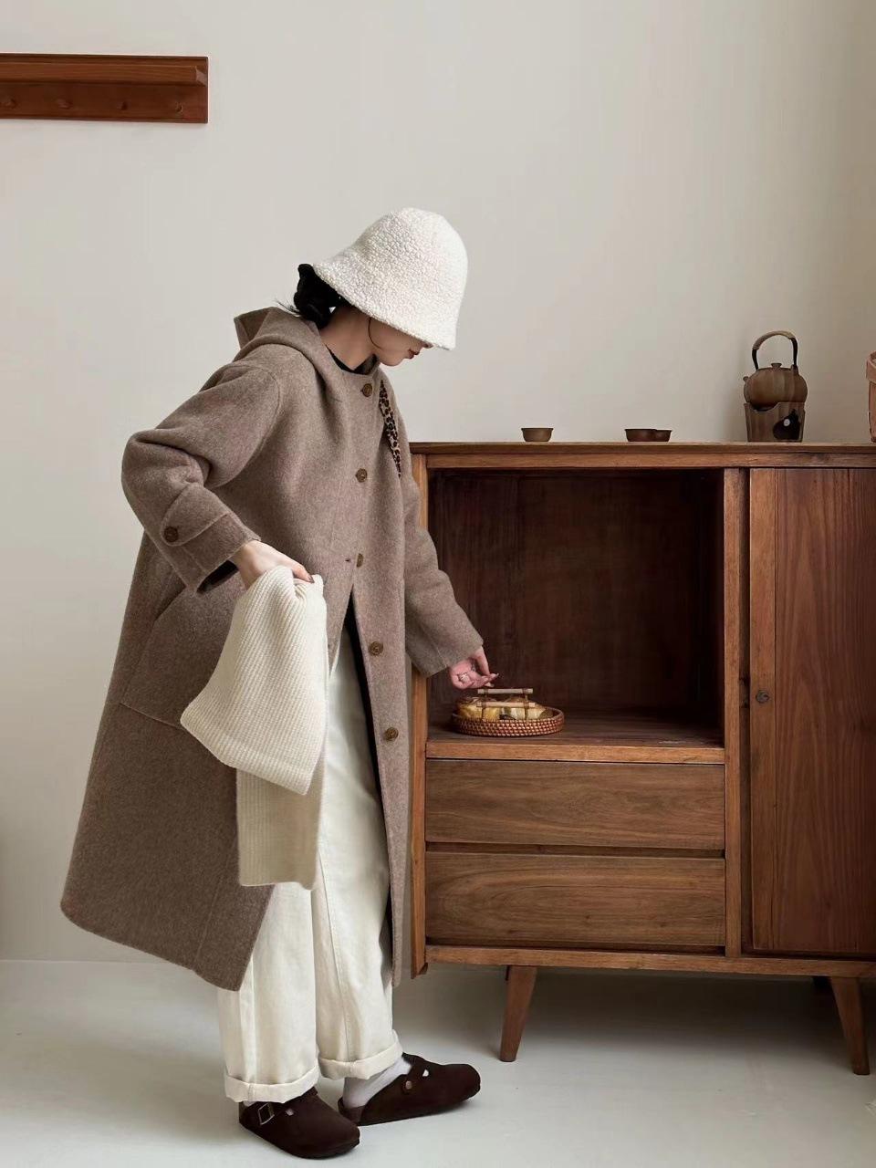 

Длинное двухстороннее шерстяное пальто с капюшоном, однобортное, утолщенное, теплое, из длинношерстного кашемира, двустороннее пальто с большими карманами для женщин M (125-72.5 kg) кофейный