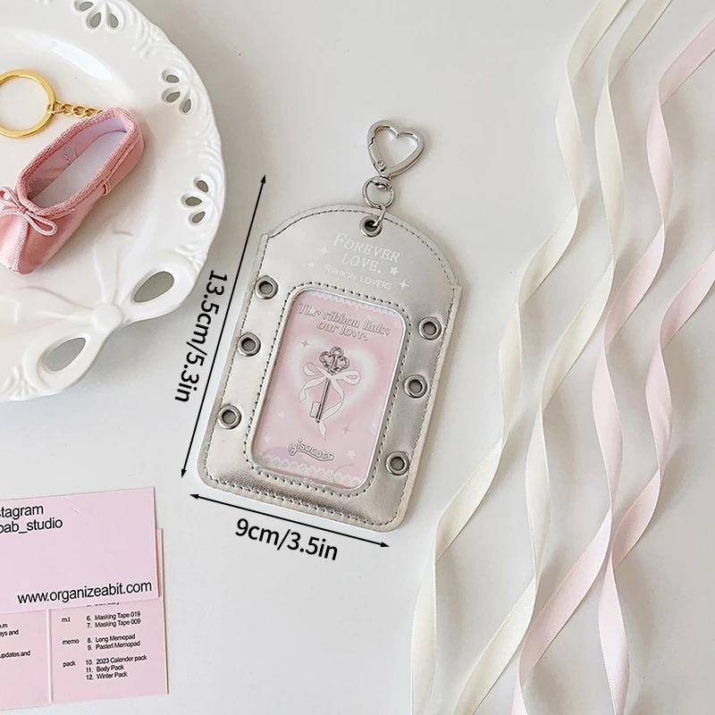 Lace Photocard Holder INS Style Silver PU Transparent Student ID Card Cover Case with Keychains DIY Bow Ribbon Decor