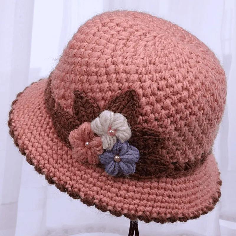 

WTEMPO Mom s Cold-proof Windproof Outdoor Knitted Hats with Flowers Women s Solid Color Warm Winter Soft Woolen Hats 1pc розовый