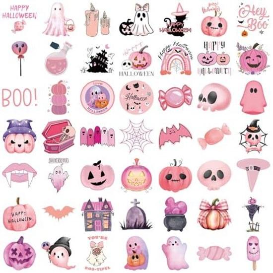 50 pieces cute pink Halloween sticker set decoration stickers waterproof decals ghost pumpkin bat pack girls decorating mobile phones guitars cars