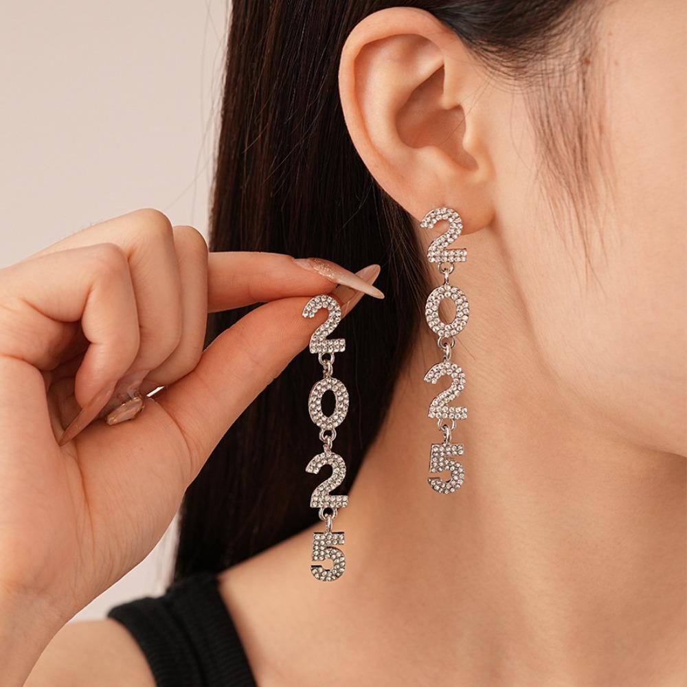 

Rhinestone Happy New Year Earrings Aesthetic Crystal Party Necklace 2025 New Year Ear Stud Girls Style1
