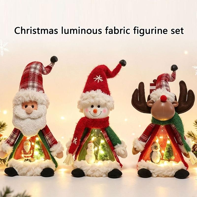 Holiday Display Figurine With Warm LED Glowing, Soft Fabric Christmas Tabletop Decors, Santa Snowman Deer Doll for Shelves, Mantels, and Counters