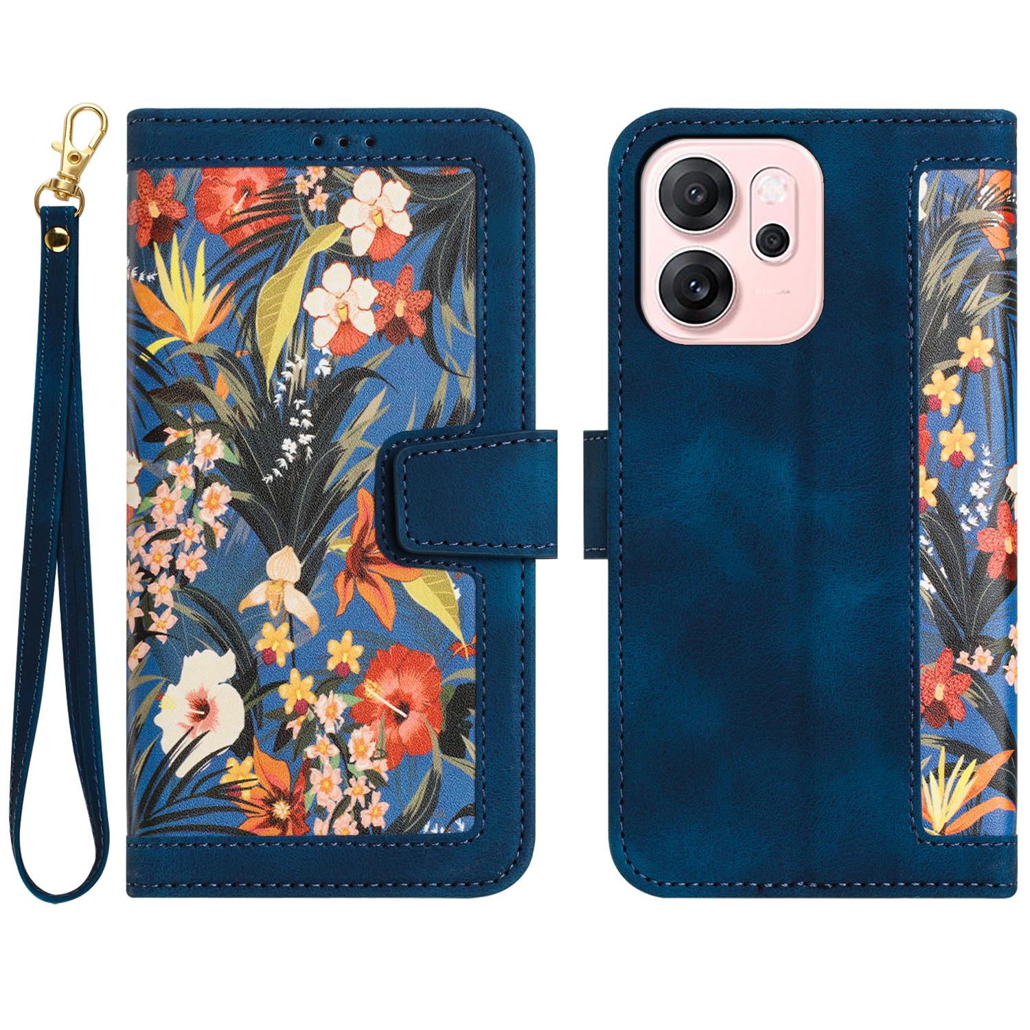 

For Oppo Reno14 5G (Global) Case PU Leather Floral Phone Cover with Card Slots/Wrist Strap F