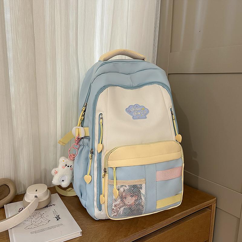 Blocked Cute Color Large Capacity Student Backpack With Pendant For Teens