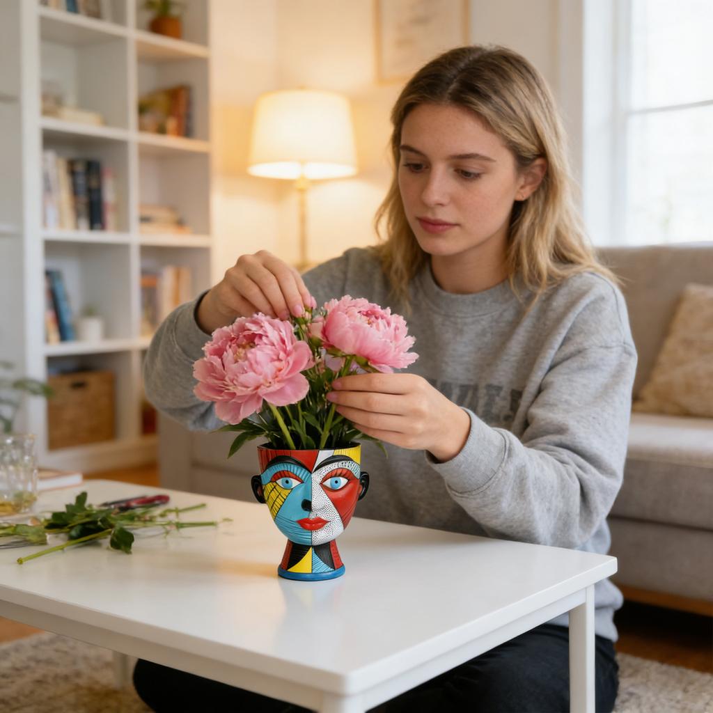 Abstract Face Flower Pot, Colorful, Uniquely Shaped, With Drainage Holes, Handmade Resin Vase, Modern Home Décor.