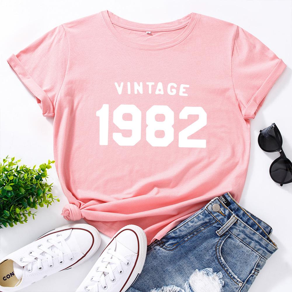 Retro1982 Printed Cotton Loose Round Neck Short Sleeved Women's  T-shirts