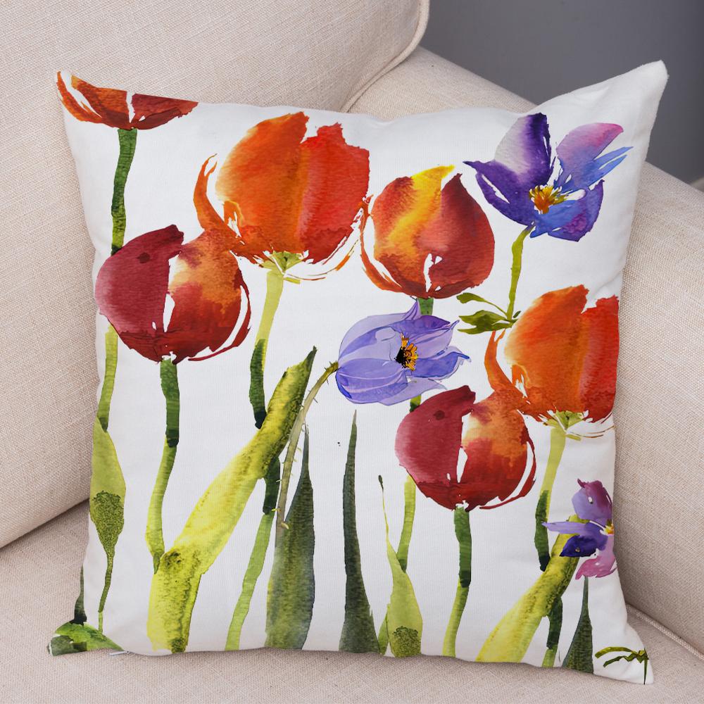 Watercolor Floral Cushion Cover Abstract Poppy Flower Art Print Soft Fabric Living Room Sofa Home Decor Pillow Case