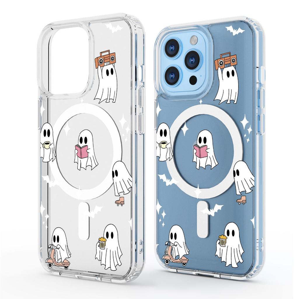 Cartoon Ghost Magnetic Transparent Full Coverage Case for iPhone 15/16/17 Pro Max