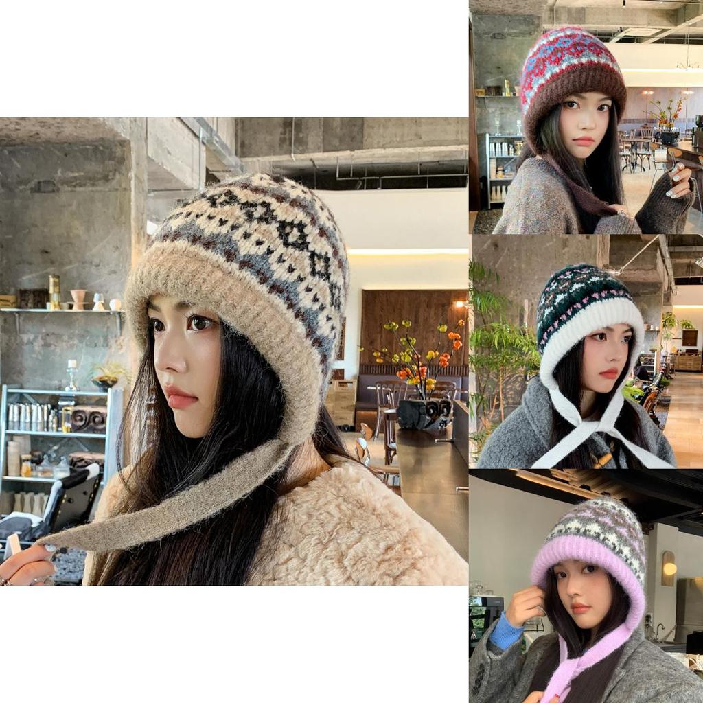 Retro Colorblock Beanie Hat For Women Winter Warmth And Earmuff Protection