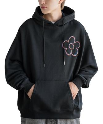 IMPROMES Hooded Sweatshirt [SIDEWAYSTANCE] Embroidered Flower Fleece Pullover Hoodie, Men's, Black