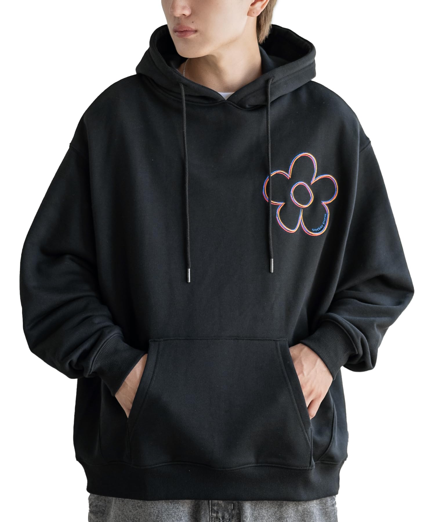 

IMPROMES Hooded Sweatshirt [SIDEWAYSTANCE] Embroidered Flower Fleece Pullover Hoodie, Men s, Black