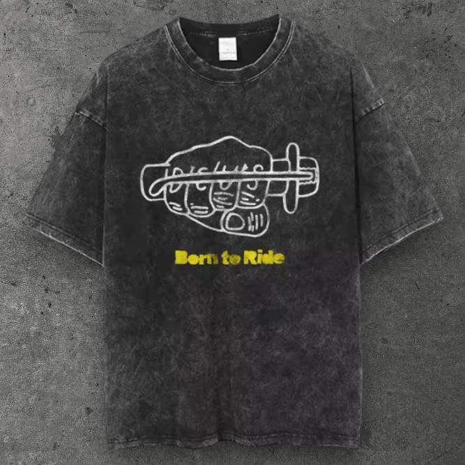 Mens Biker Born To Ride Oversized T Shirt Washed Black Grunge Aesthetic S-3XL S разноцветный