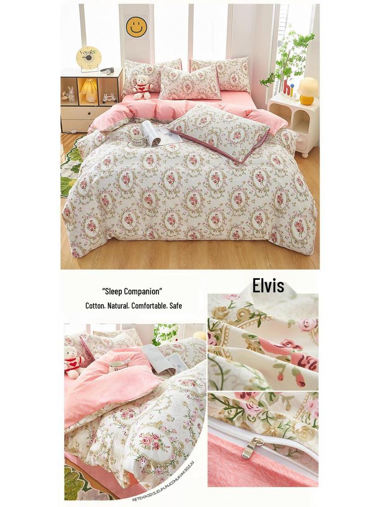 Category A 100% Cotton Double-Sided Bedding Set (4-Piece, Pure Cotton Sheet & Duvet Cover, Dorm Double/Single 3-Piece Set)