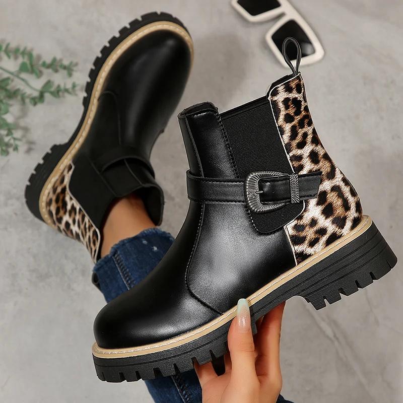 Fashion Buckle Platform Chelsea Boots Women Slip on Pu Leather Leopard Print Ankle Boots Woman Plus Size 36-43 Thick Sole Botas