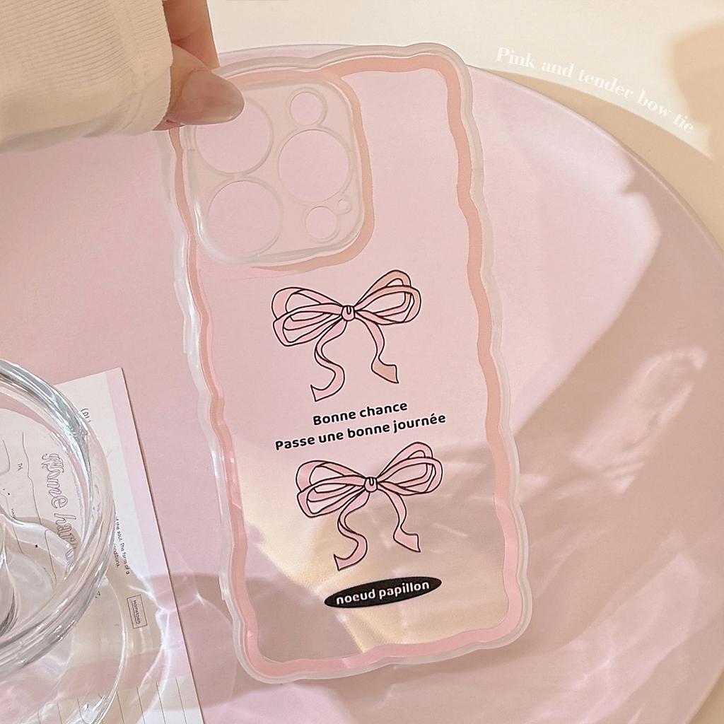 Pink Bow Suitable for IPhone16promax Apple 13 Mobile Phone Case 11 Transparent 15 Korean