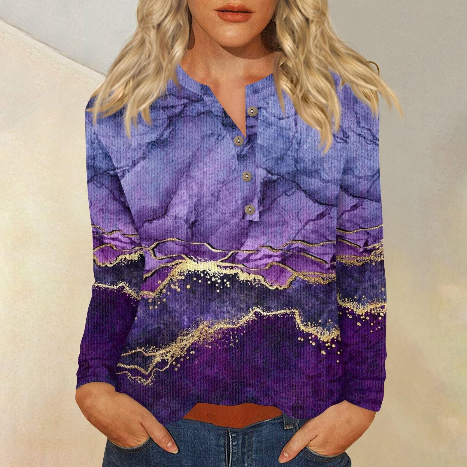 

Жен. Футболка Футболка С принтом Пуговицы Длинный рукав Повседневные Выходные Мода Классический V-образный вырез Обычный Верх XL фиолетовый