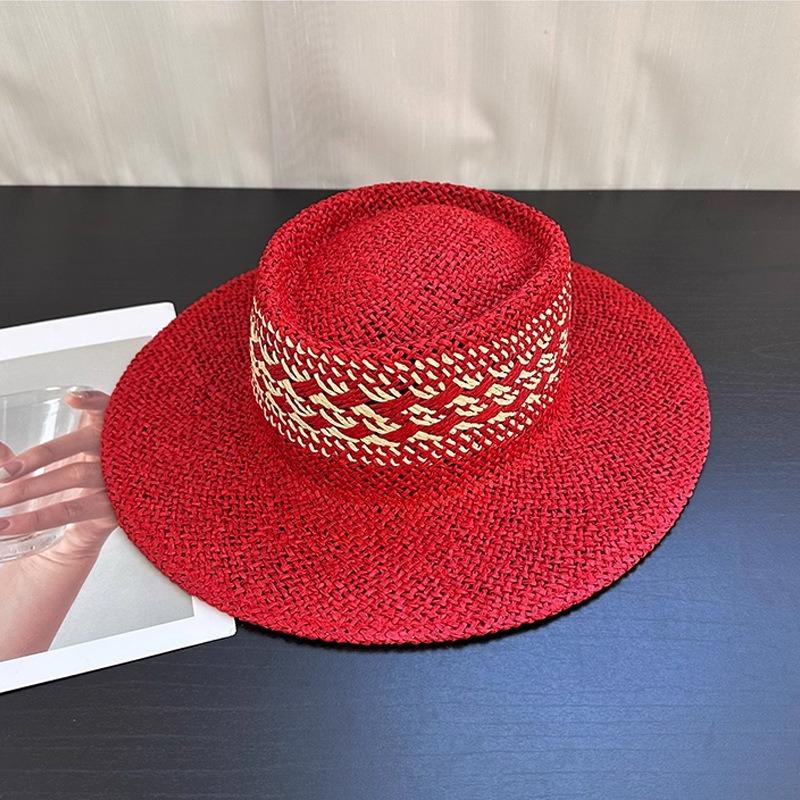 New Flat-top Straw Hat Women's Big Head Circumference Seaside Beach Top Hat Woven Sun Hat Summer