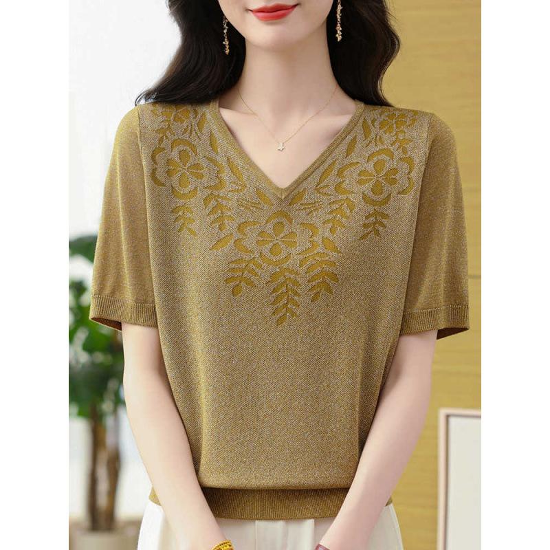 

Летний вышитый топ для мамы, свободная трикотажная футболка с V-образным вырезом и коротким рукавом для женщин 3XL