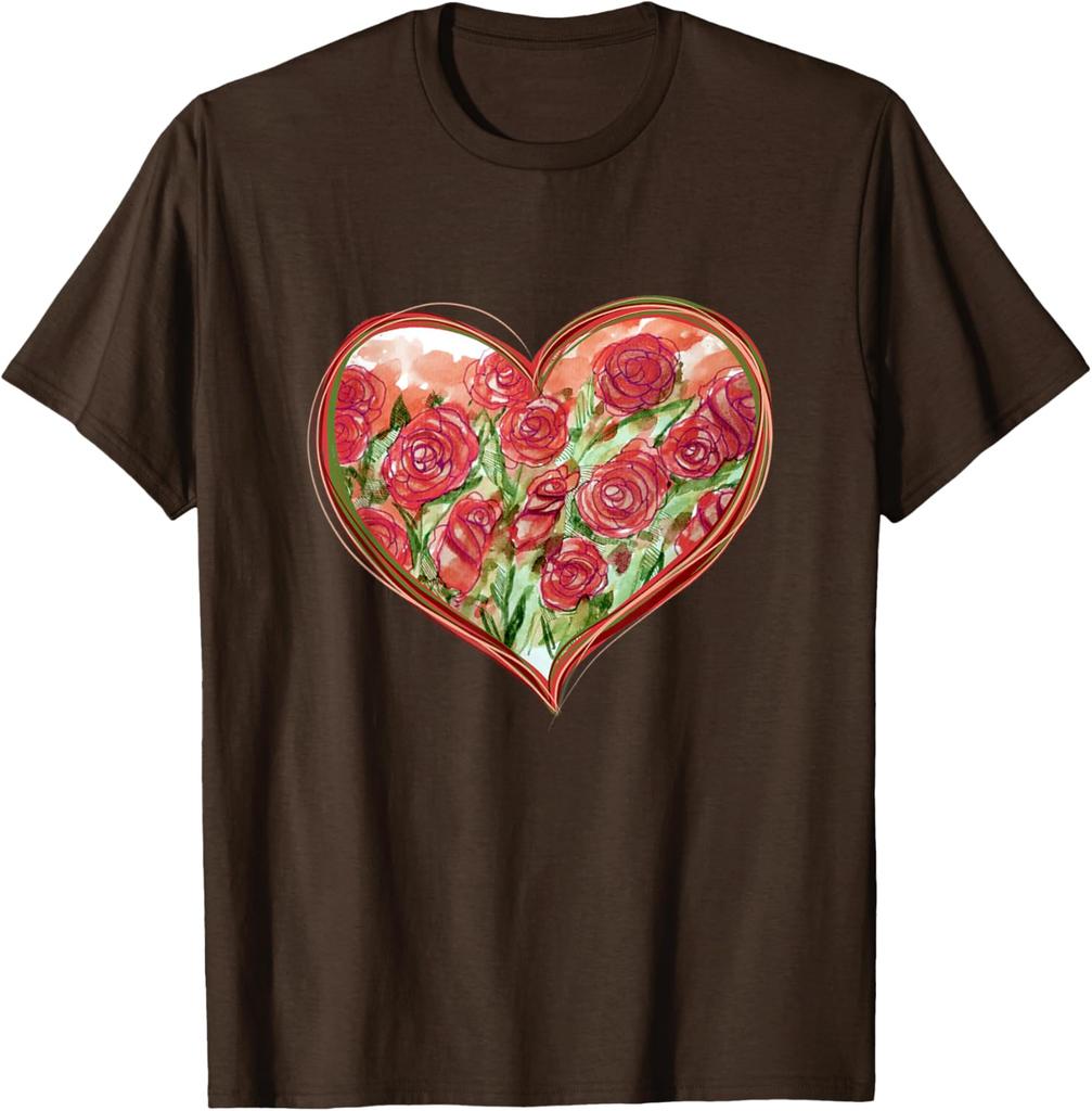 Red Rose Heart Garden Watercolor Graphic Tee Casual Cotton T-Shirt For Men