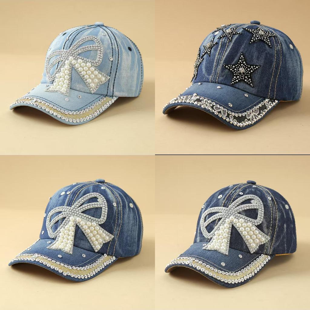 Artificial Pearls And Rhinestones Denim Cap With Sun Protection And Windproof Features For Women