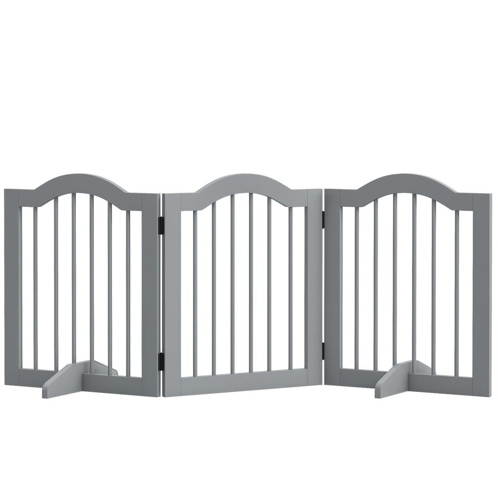 3 Panels Dog Gate W/ Support Feet Fence Safety Barrier Freestanding Wood Light Grey