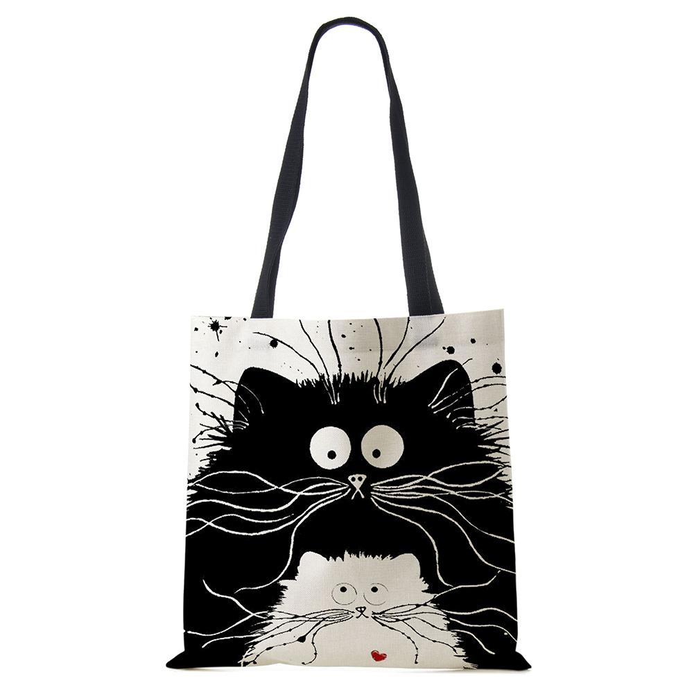 Customized Tote Shopping Bag Cute Cat Printing Women Handbag Linen Totes with Print Logo Casual Traveling Beach Bags