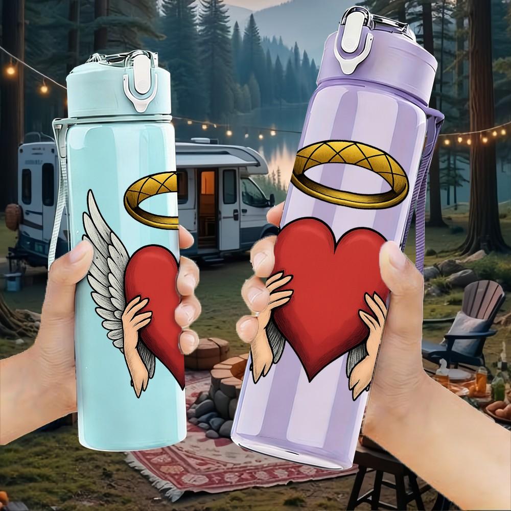 1PC Angel Wing Sacred Heart Pattern 750ml Color Plastic Sports Water Bottle Leakproof Flip Straw Lid Suitable for Sports Office Home Use