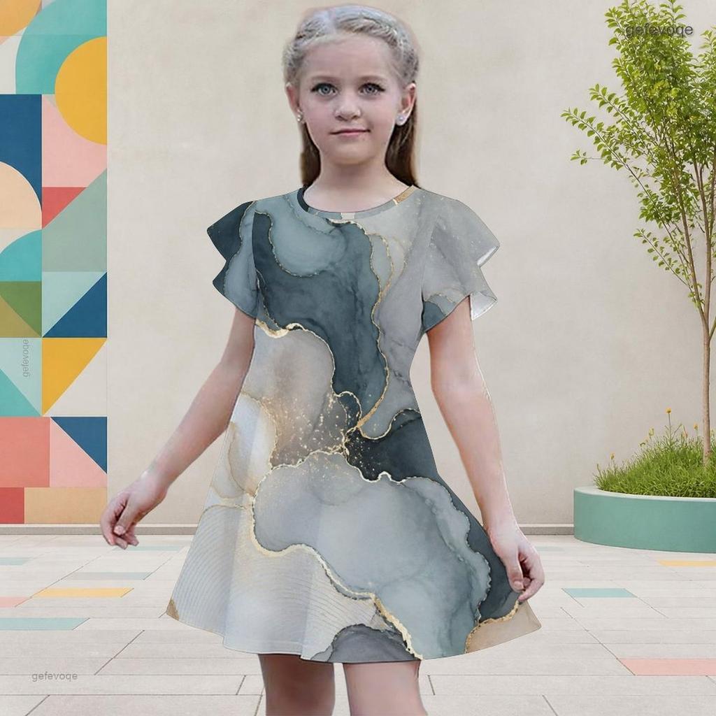Girls Round Neck Flutter Sleeve Printed A Line Flared Dress