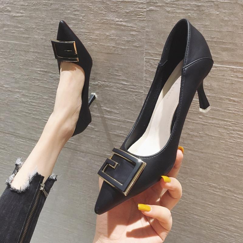 7-1 single shoes for women in autumn and winter, step on the heel square buckle pointed thin heel soft leather high heels 7.55.5 CM thick heel