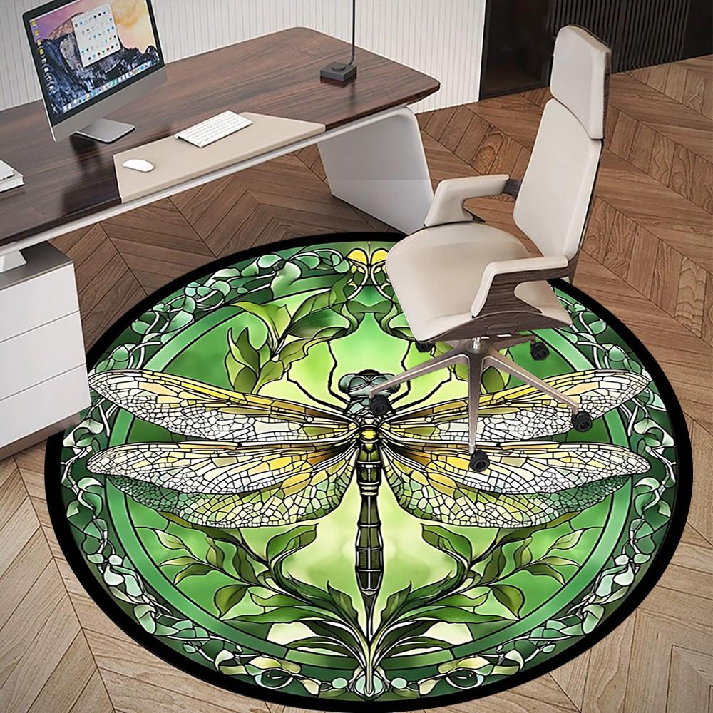 1pc Dragonfly Stained Glass Round Chair mat Area Rug - Non-Slip, Floor Mat for Office, Bedroom, and Indoor Decor -1002267