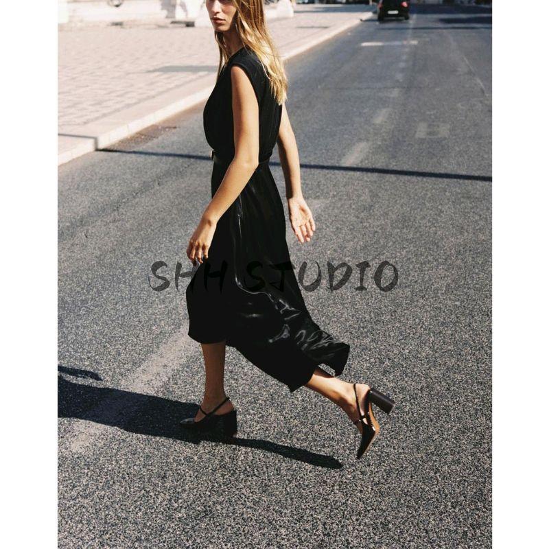 Fall New Women's Clothing Pleated Trim Double Breasted V Neck Sleeveless with Belt Patchwork Midi Skirt Dress 5029180