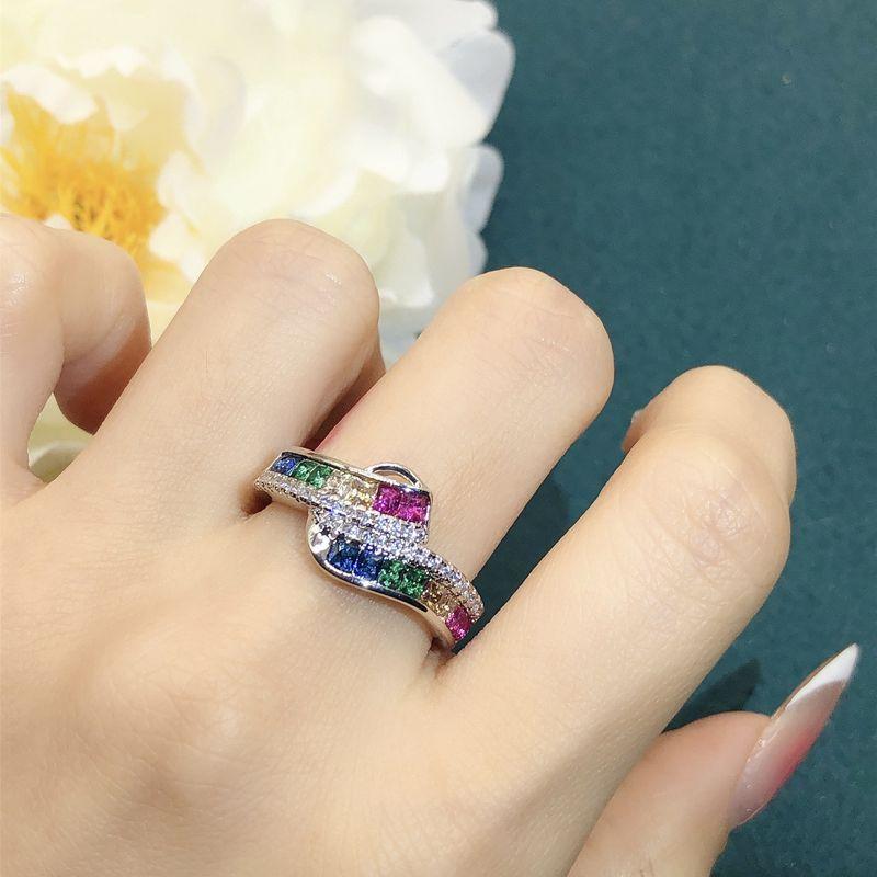 European and American Style Synthetic Red and Blue Sapphire Ring, Plated with 18K Gold, Inlaid with Zircon, Rainbow Colored Gemstone Women's Band Ring