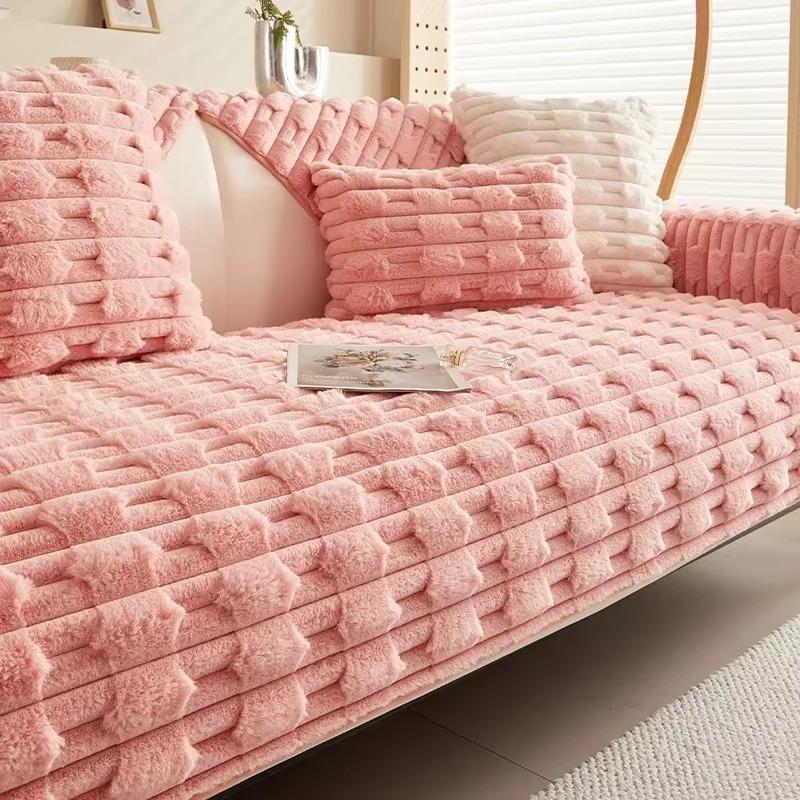 Grey Artificial Rabbit Plush Sofa Cover Thick Warm Non-slip  Soft Tower Winter  Slipcover Cushion Throw Pillowcase Living Room