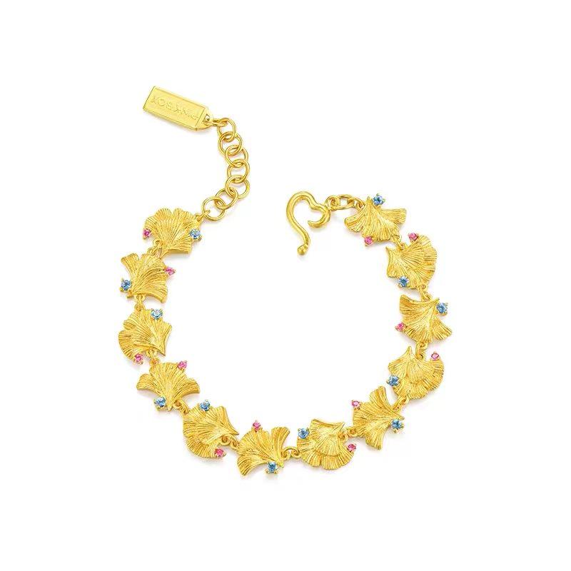 Ginkgo Leaf Diamond Bracelet In Vietnamese Sand Gold - Apricot Beaded Gift for Her Birthday