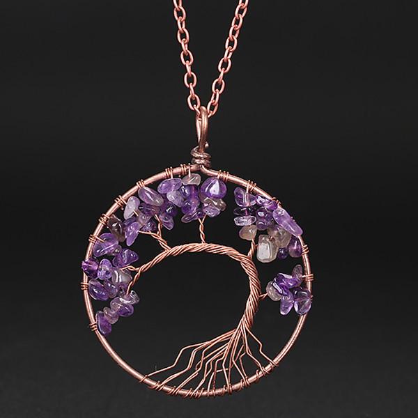 Hand-Wound Natural Stone Crystal Ancient Red Copper Curved Tree Of Life Curved Tree Necklace N01