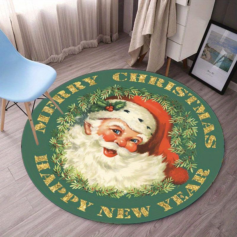 

Christmas Santa Claus Round Rug Holiday Decoration Green Gold Merry Christmas Happy New Year Festive Floor Mat 120cm