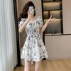 Fashion Printed Square Neck Waist Lace-Up Dress Women's Small Bubble Sleeve Folded A-Word Short Skirt Summer