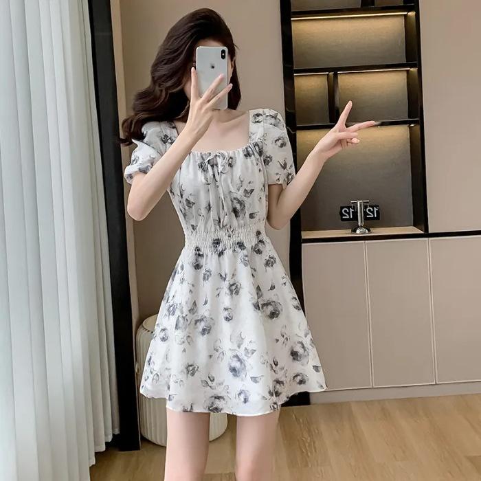 Fashion Printed Square Neck Waist Lace-Up Dress Women's Small Bubble Sleeve Folded A-Word Short Skirt Summer